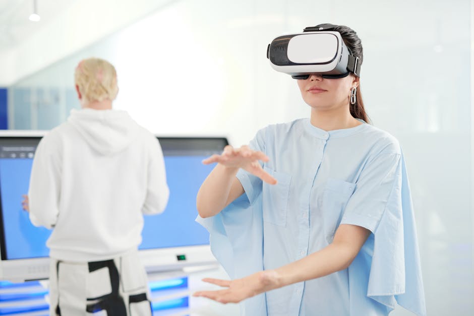 Woman in VR headset interacting in a modern office with tech devices in the background